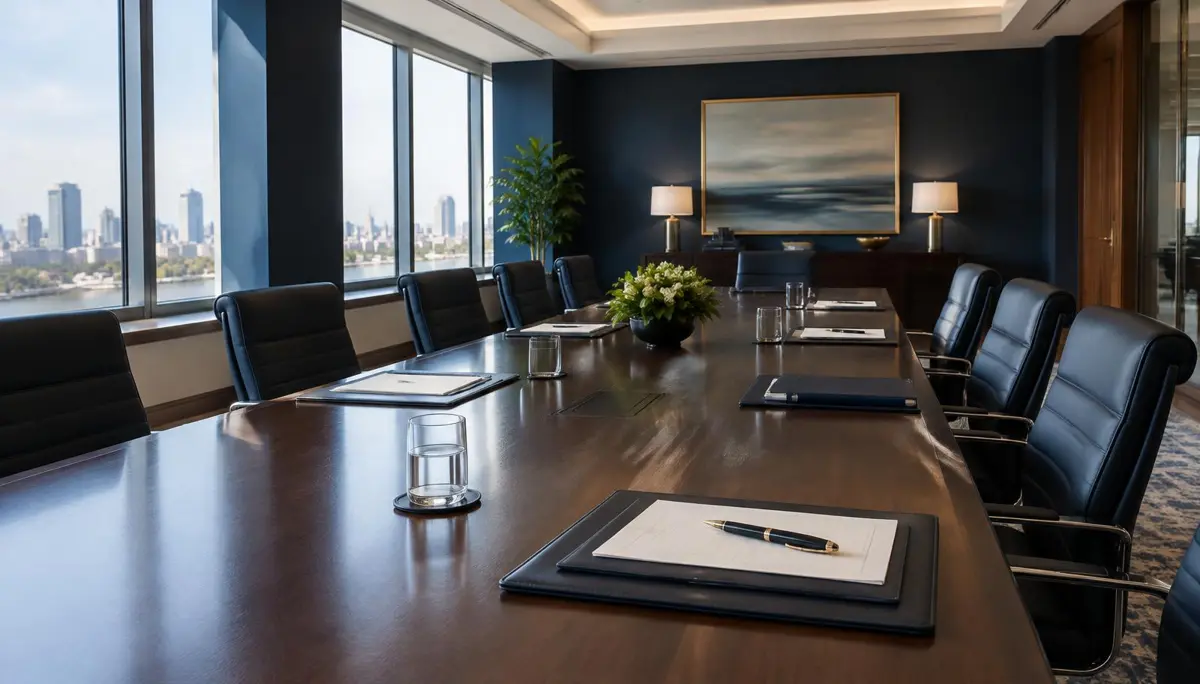 Sala de reuniões corporativa com mesa de madeira e documentos